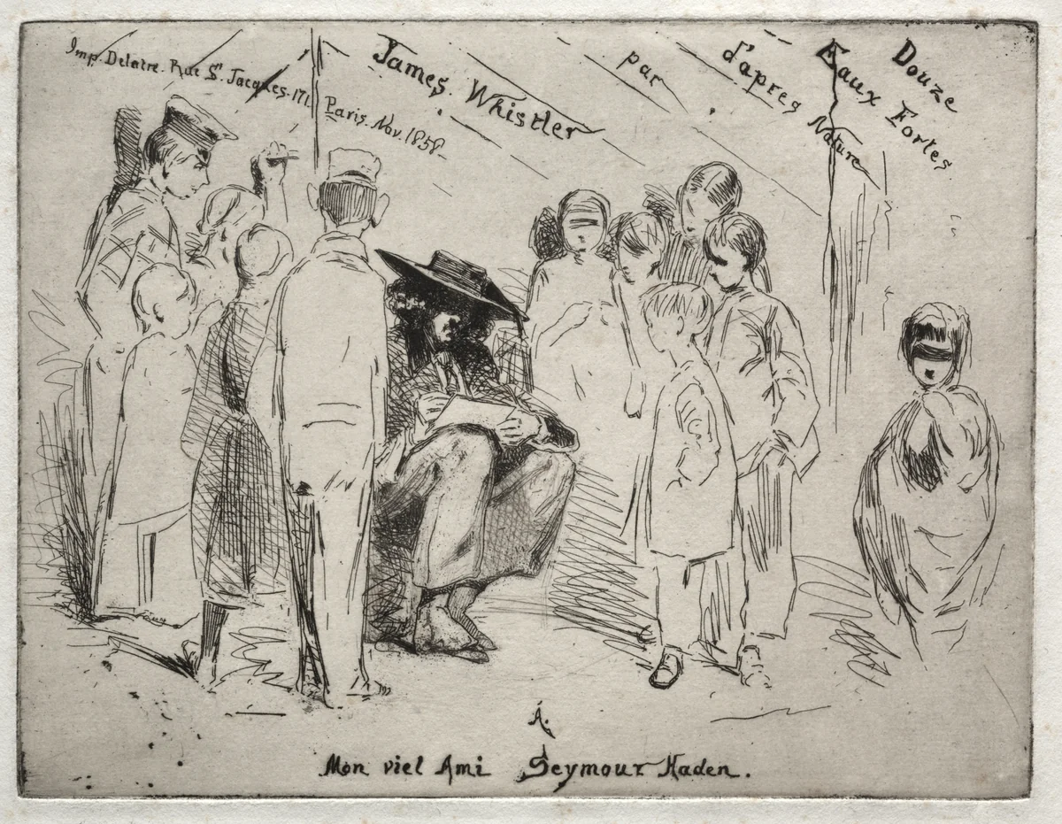 Twelve Etchings from Nature: Title Page - Delauney Sketching by James McNeill Whistler, print, 1858