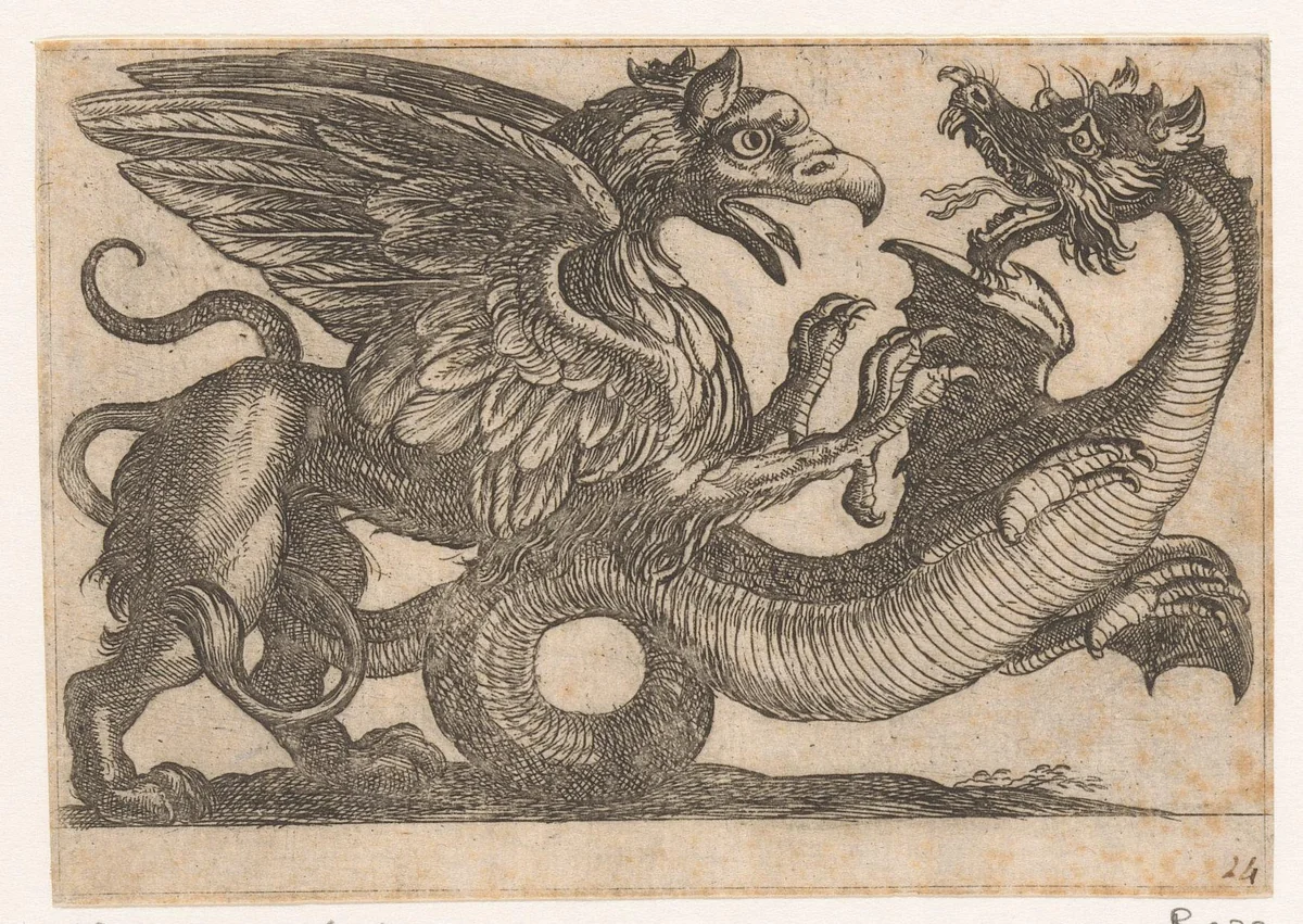 Draak en griffioen in gevecht by Antonio Tempesta, print, 1600