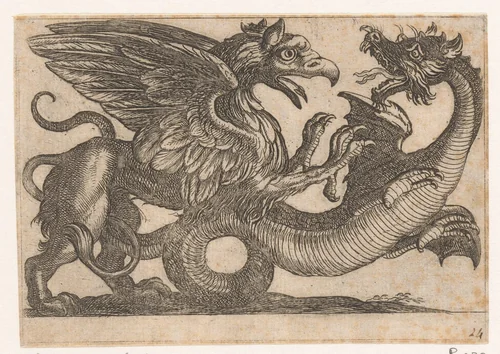 Draak en griffioen in gevecht by Antonio Tempesta, print, 1600
