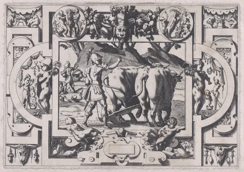 Jason Sows the Dragon's Teeth (Jason les dompte et sous le joug enserre et labourer leur fait de Mars la terre...), from "Jason and the Golden Fleece" by René Boyvin, print, 1563