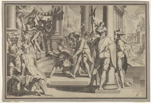 Allegory of Justice (Sanctity of the Law) with a court scene depicting a man being pardoned by a judge, plate XII from "Thronus Justitiae, tredecim pulcherrimus tabulis..." by Willem van Swanenburg, print, 1605