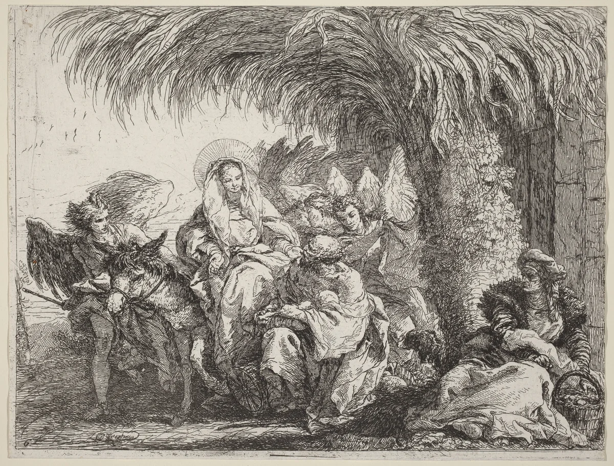 Joseph Kneels with the Child before Mary on the Donkey by Giovanni Domenico Tiepolo, print, 1753
