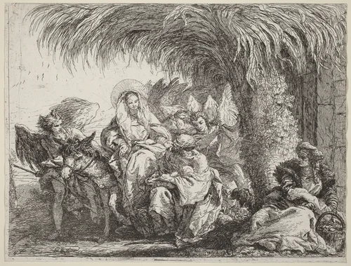 Joseph Kneels with the Child before Mary on the Donkey by Giovanni Domenico Tiepolo, print, 1753