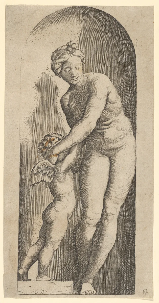 Venus and Cupid standing in a niche by Marcantonio Raimondi, print, 1495-1505