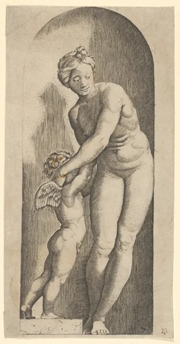 Venus and Cupid standing in a niche by Marcantonio Raimondi, print, 1495-1505