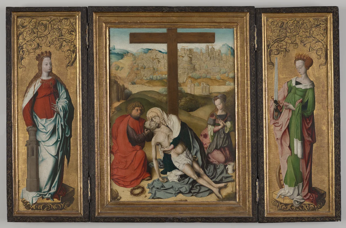 Triptych with The Lamentation of Christ (center), St. Barbara (left wing), St. Catherine of Alexandria (right wing), The Annunciation (reverse wings) by Master of the Krainburg Altar, painting, 1495-1505