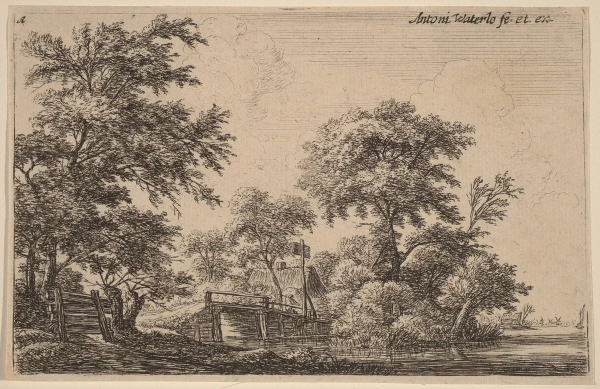 Planks Attached to Four Trees by Anthonie Waterloo, print, 1609-1690