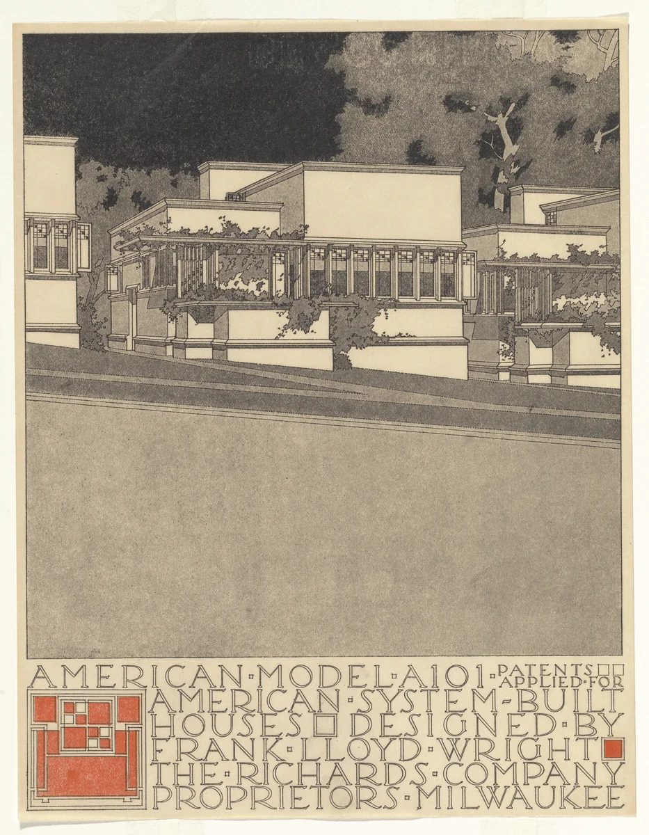 American System-Built Houses for The Richards Company project (Exterior perspective of model A101) by Frank Lloyd Wright, architecture, 1915