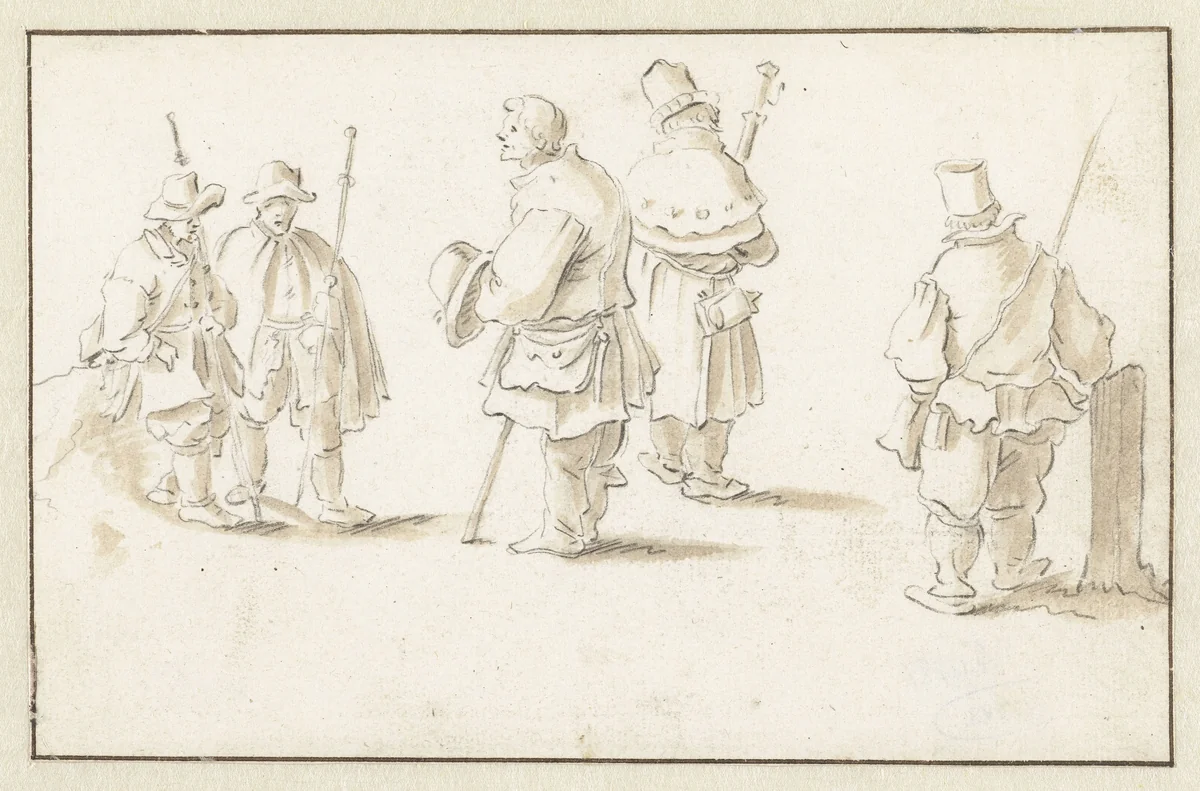 Vijf staande mannen (pelgrims?) by Herman Saftleven, drawing, 1619-1685