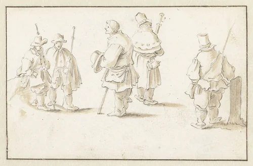 Vijf staande mannen (pelgrims?) by Herman Saftleven, drawing, 1619-1685