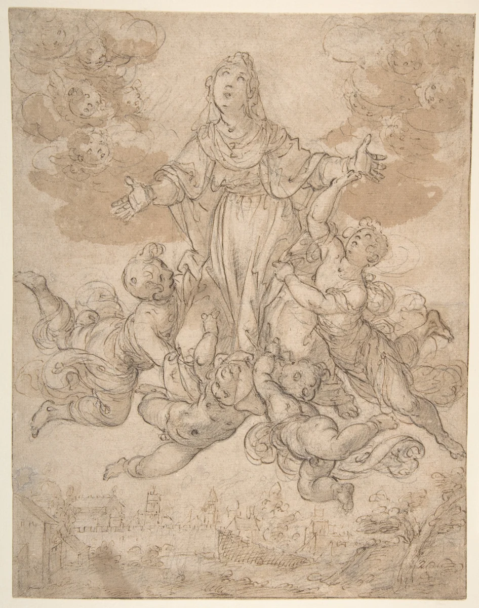 Virgin in Glory with Angels by Aurelio Lomi, drawing, 1556-1622