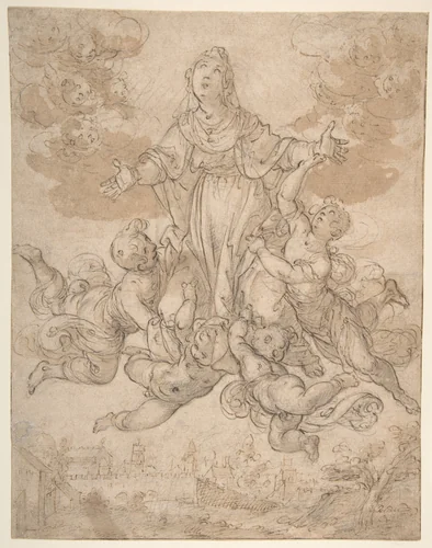 Virgin in Glory with Angels by Aurelio Lomi, drawing, 1556-1622