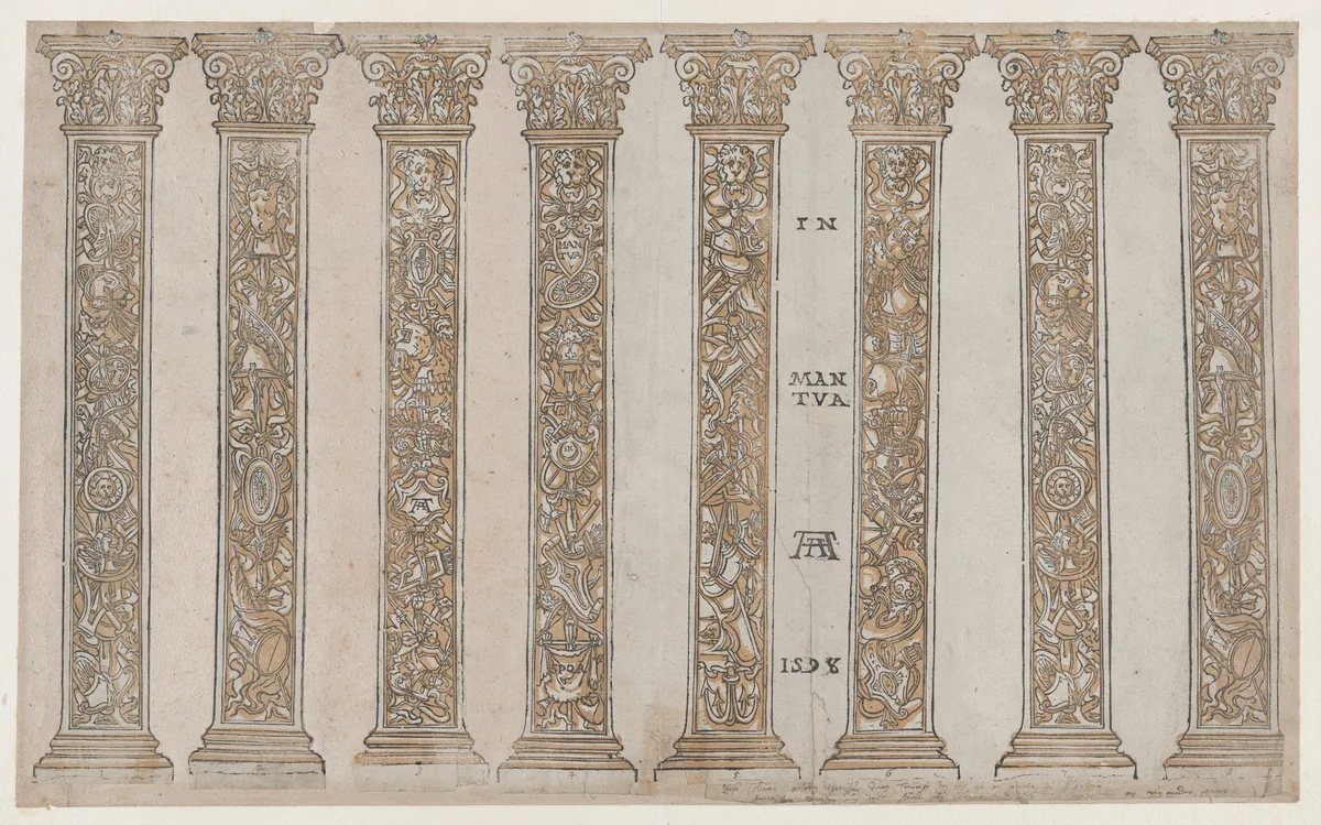 Six Corinthian pilasters for the Triumph, from "The Triumph of Julius Caesar" by Andrea Andreani, print, 1598-1599