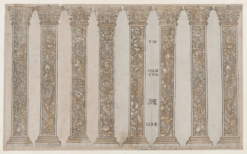 Six Corinthian pilasters for the Triumph, from "The Triumph of Julius Caesar" by Andrea Andreani, print, 1598-1599