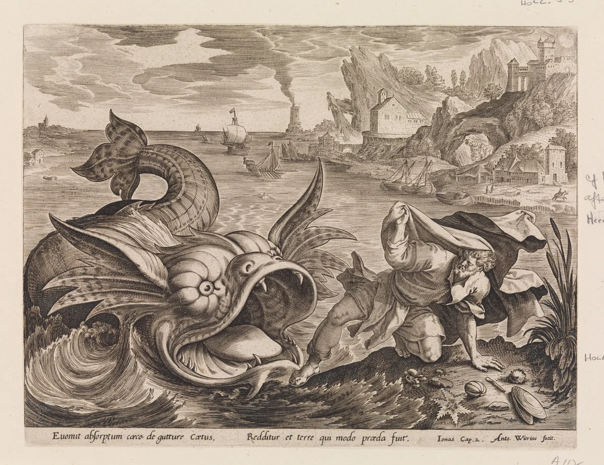 Jonah Cast on Shore by the Fish, from "The Story of Jonah," a set of four plates by Maerten de Vos, print, 1580-1590