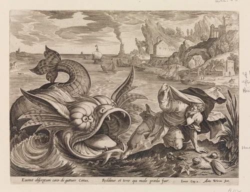 Jonah Cast on Shore by the Fish, from "The Story of Jonah," a set of four plates by Maerten de Vos, print, 1580-1590