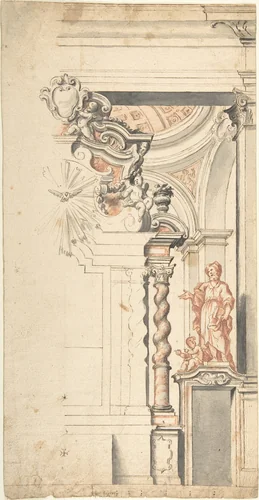 Design for One Half a Chapel with the Dove of the Holy Ghost above the Main Altar, and a Statue of an Evangelist at right by anonymous, drawing, 1700-1780