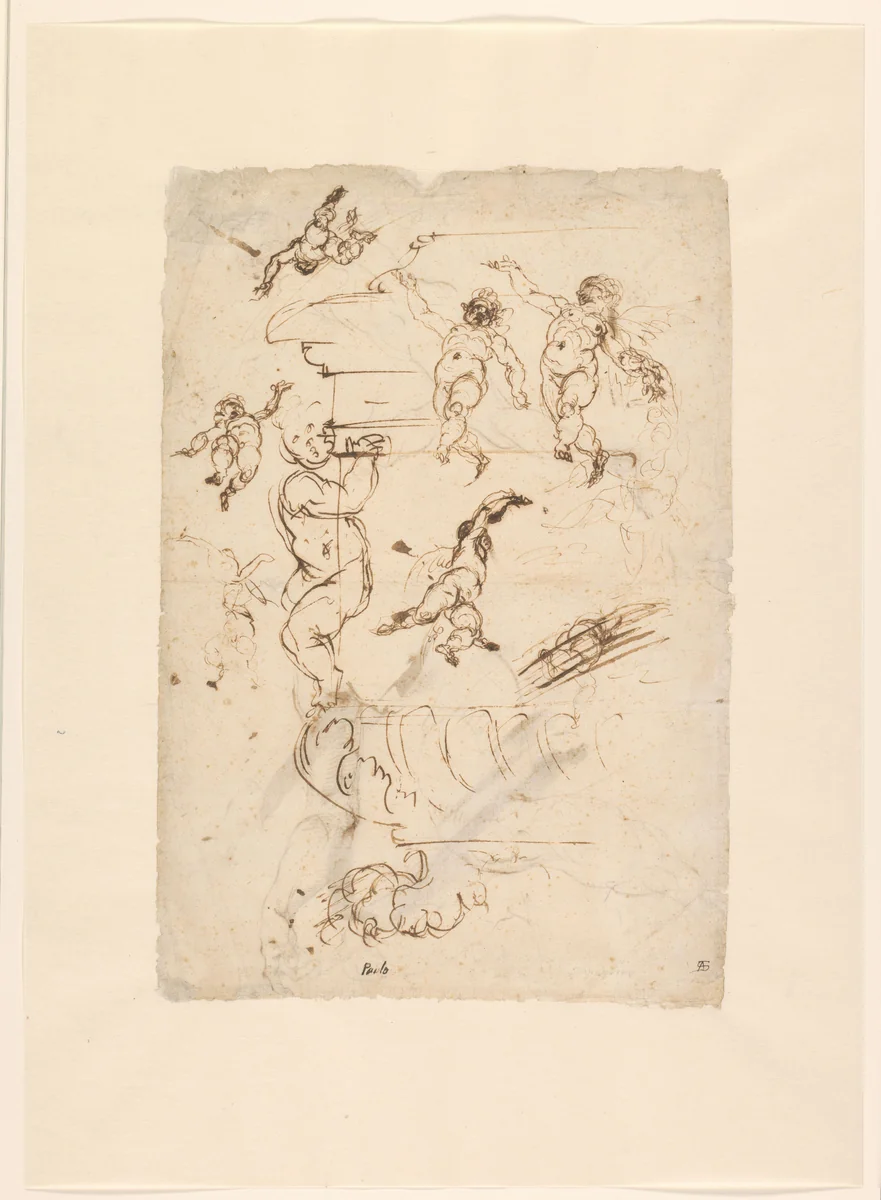 Schetsblad met een hoek van een kist op een leeuwenvoet en verschillende putti by Unknown, drawing, 1563-1615