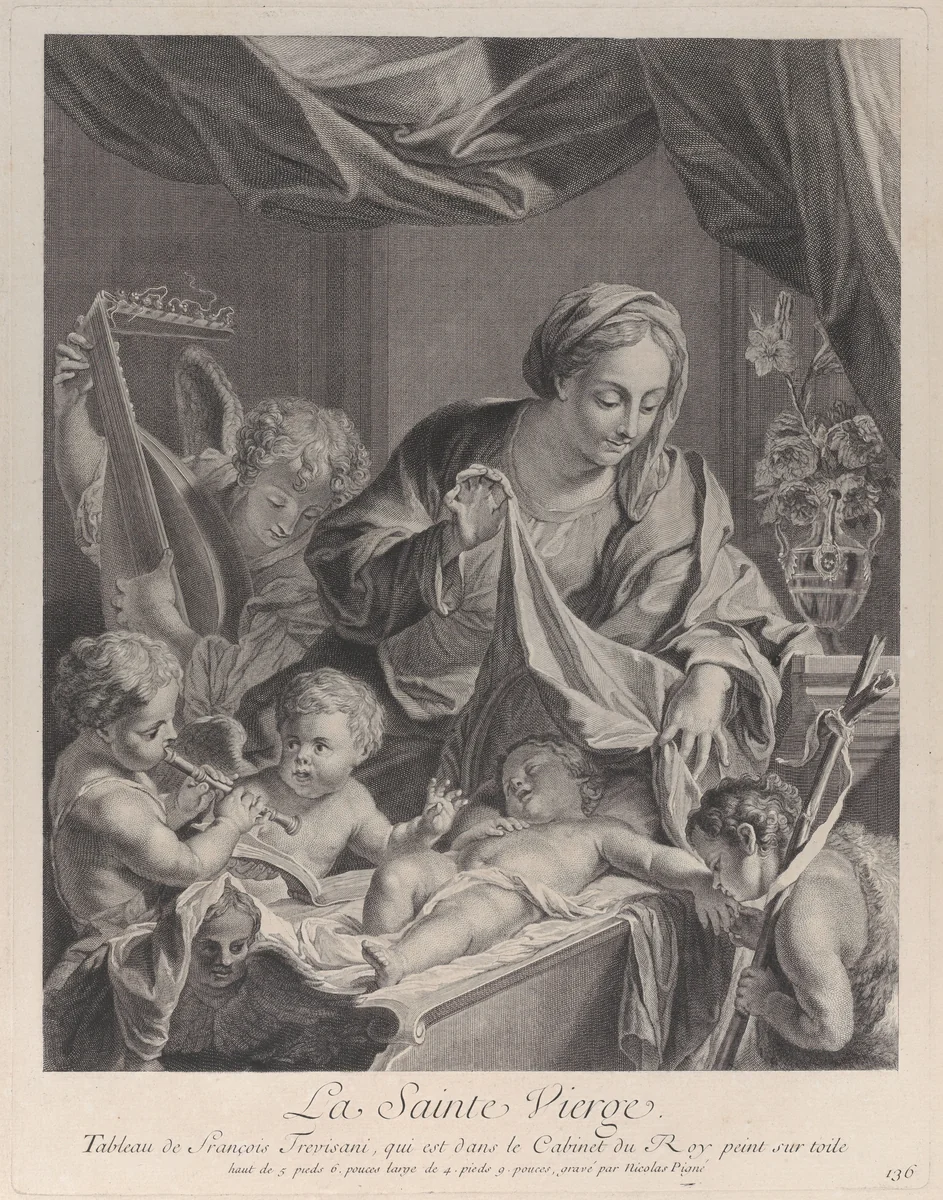 The Virgin holding a cloth above the sleeping Christ child, with musical angels and the infant Saint John the Baptist by Nicolas Pigné, print, 1724-1734