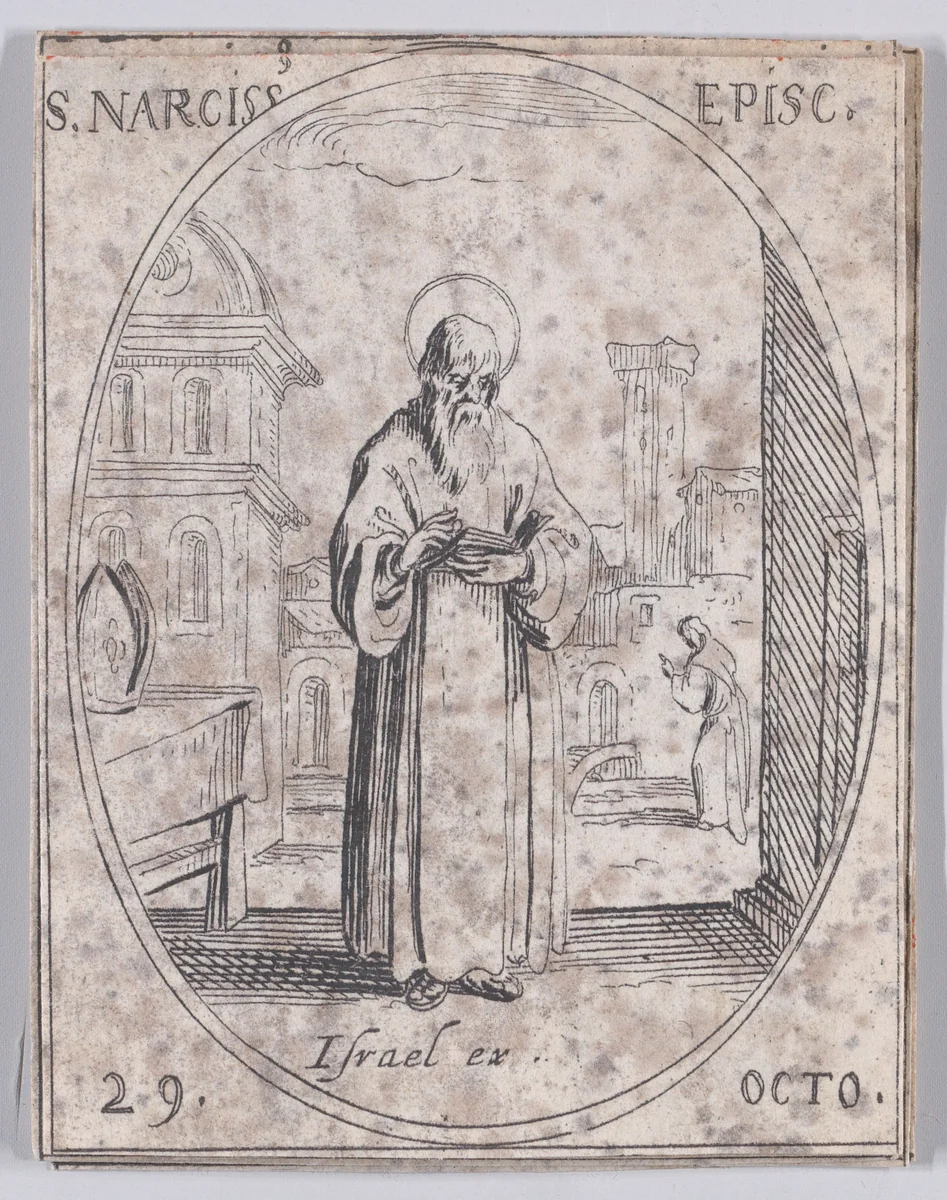 S. Narcisse, évêque (St. Narcissus, Bishop), October 29th, from "Les Images De Tous Les Saincts et Saintes de L'Année" (Images of All of the Saints and Religious Events of the Year) by Jacques Callot, print, 1636