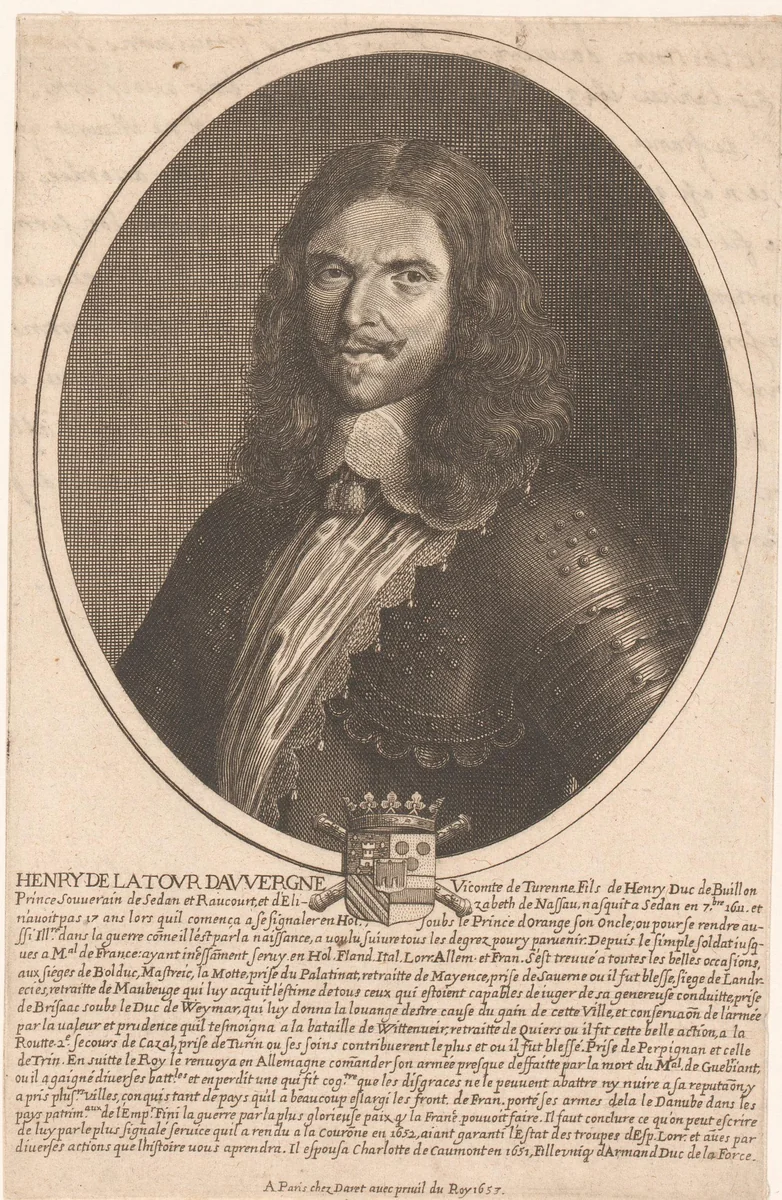 Portret van Henri de Latour d'Auvergne, vicomte de Turenne by Pierre Daret, print, 1653