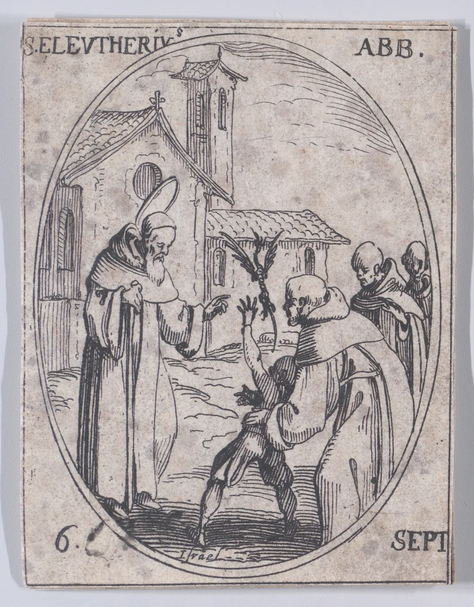 S. Eleuthère, abbé (St. Eleutherius, Abbot), September 6th, from "Les Images De Tous Les Saincts et Saintes de L'Année" (Images of All of the Saints and Religious Events of the Year) by Jacques Callot, print, 1636