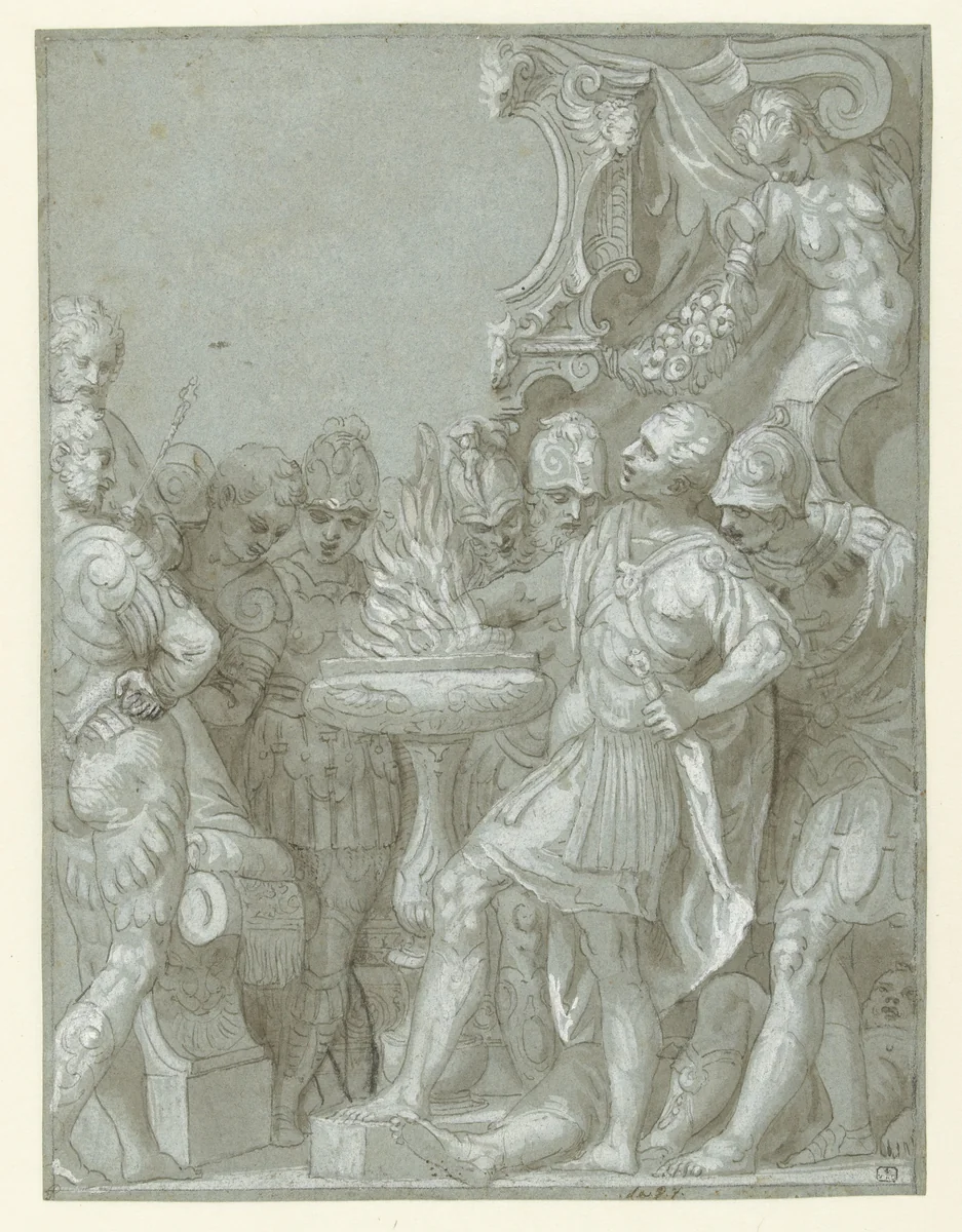 Mucius Scaevola voor Porsenna by Benedetto Caliari, drawing, 1550-1598