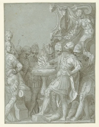 Mucius Scaevola voor Porsenna by Benedetto Caliari, drawing, 1550-1598