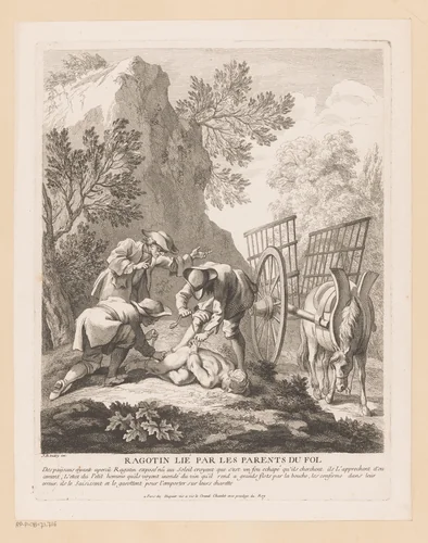 Slapende Ragotin vastgebonden en ontvoerd by Gabriel Huquier, print, 1705-1772