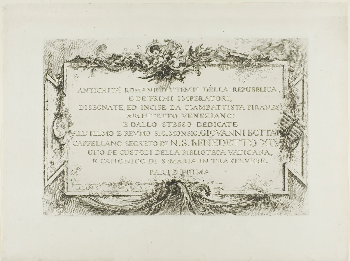 Frontispiece, from Roman Antiquities, Part I by Giovanni Battista Piranesi, print, 1748