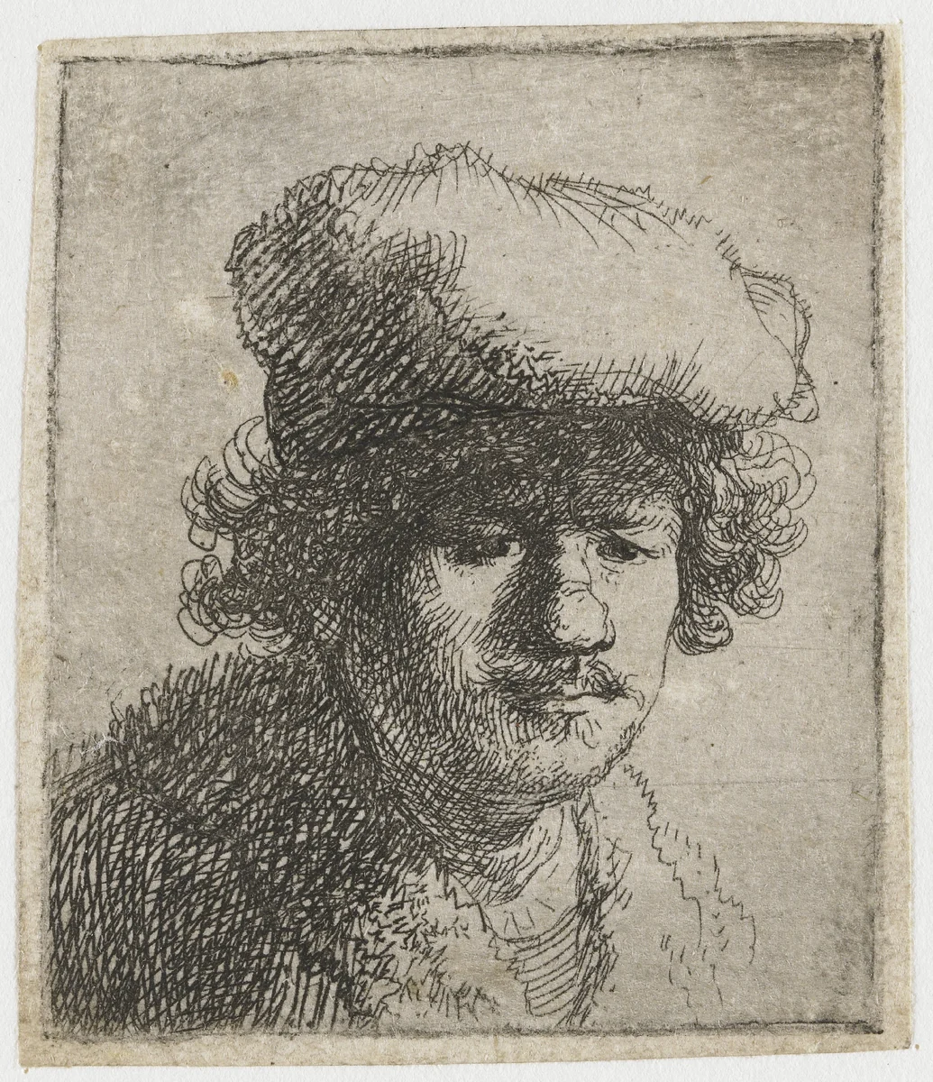 Self-portrait with cap pulled forward by Rembrandt van Rijn, print, 1630