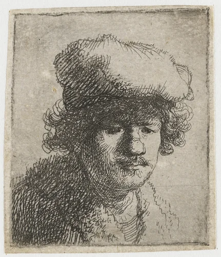 Self-portrait with cap pulled forward by Rembrandt van Rijn, print, 1630