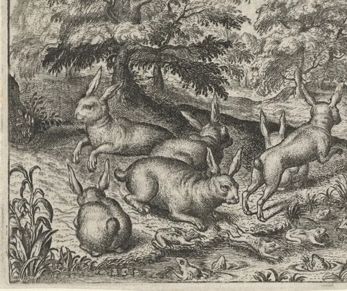 Fabel van de hazen en de kikkers by Aegidius Sadeler, print, 1608