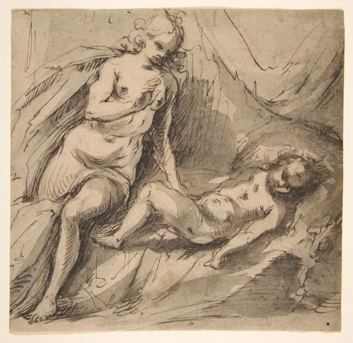 Venus and Sleeping Cupid by Hans Stutte, drawing, 1600-1625
