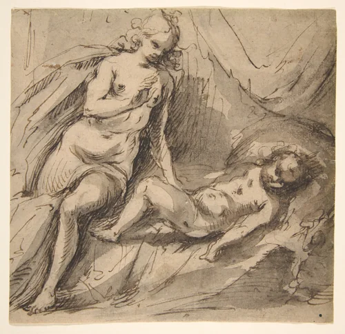 Venus and Sleeping Cupid by Hans Stutte, drawing, 1600-1625