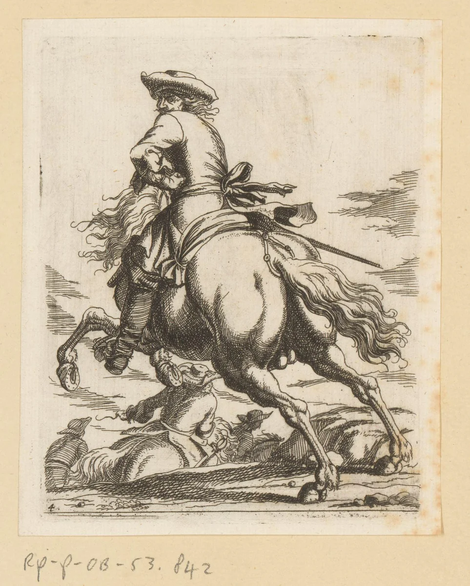 Ruiter op galopperend paard by Georg Philipp Rugendas, print, 1676-1742