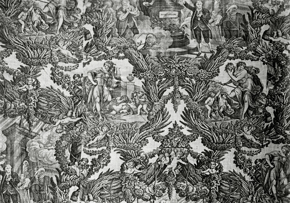 Garrick and Shakespeare with Tragedy and Comedy (Furnishing Fabric) by Robert Edge Pine
Caroline Watson, textile, 1782-1790