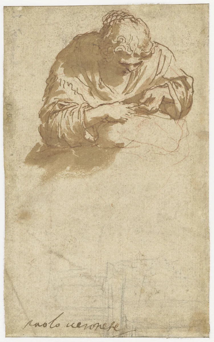 Handwerkende (?) vrouw en architectuurkrabbels by anonymous, drawing, 1500-1599