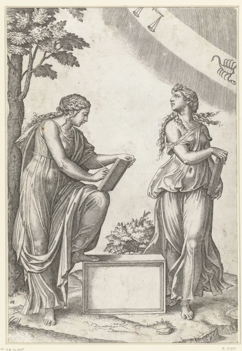 Twee vrouwen met tekens van de dierenriem weegschaal (Libra) en schorpioen (Scorpio) by Unknown, print, 1517-1520