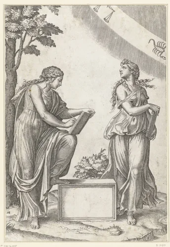 Twee vrouwen met tekens van de dierenriem weegschaal (Libra) en schorpioen (Scorpio) by Unknown, print, 1517-1520