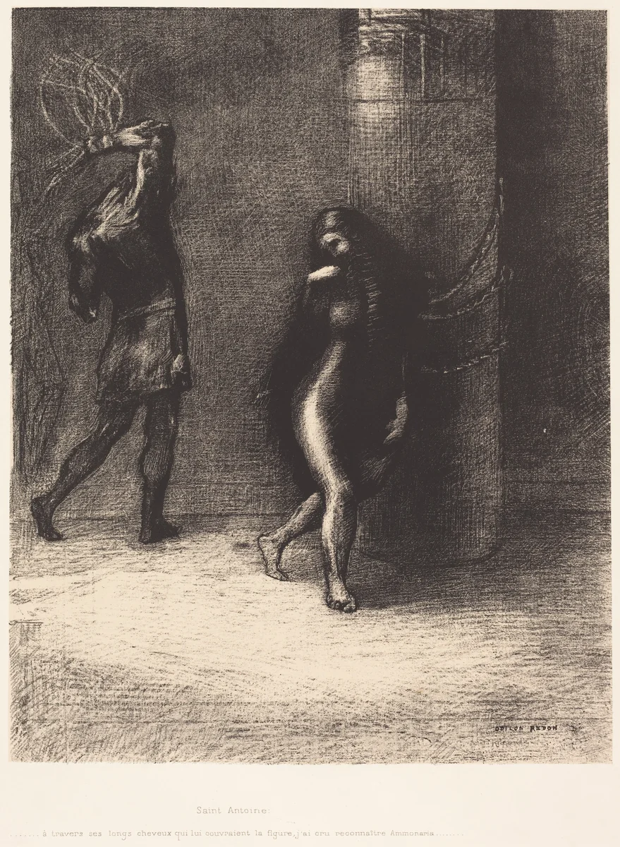 Saint-Antoine...A travers ses longs cheveux qui lui couvraient la figure, j'ai cru reconnaitre Ammonaria (Saint Anthony: "Beneathe her long hair , which covered her face, I thought I recognized Ammonaria) by Odilon Redon, print, 1889