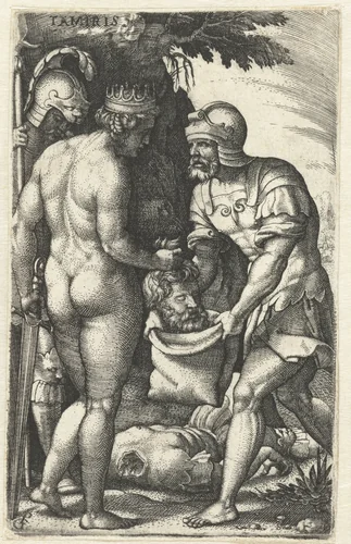 Tomyris doopt hoofd van Cyrus in bloed by Unknown, print, 1539