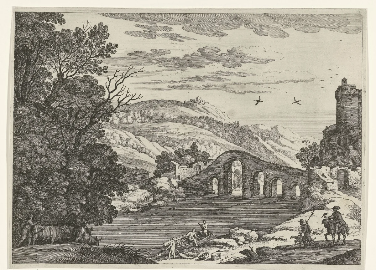Landschap met een rivier by Guilliam van Nieulandt, print, 1594-1635