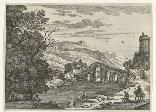 Landschap met een rivier by Guilliam van Nieulandt, print, 1594-1635