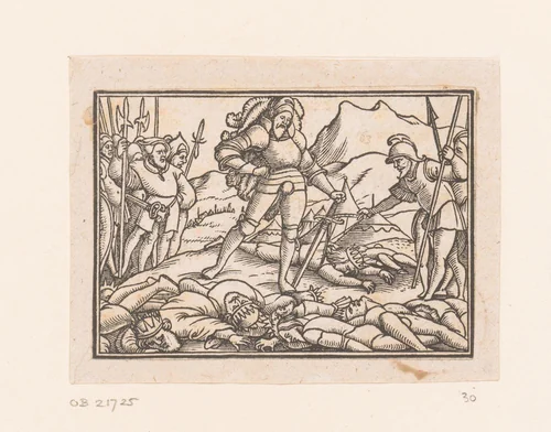 Jozua als legeraanvoerder van Israëlieten met lichamen van de verslagen koningen by anonymous, print, 1552