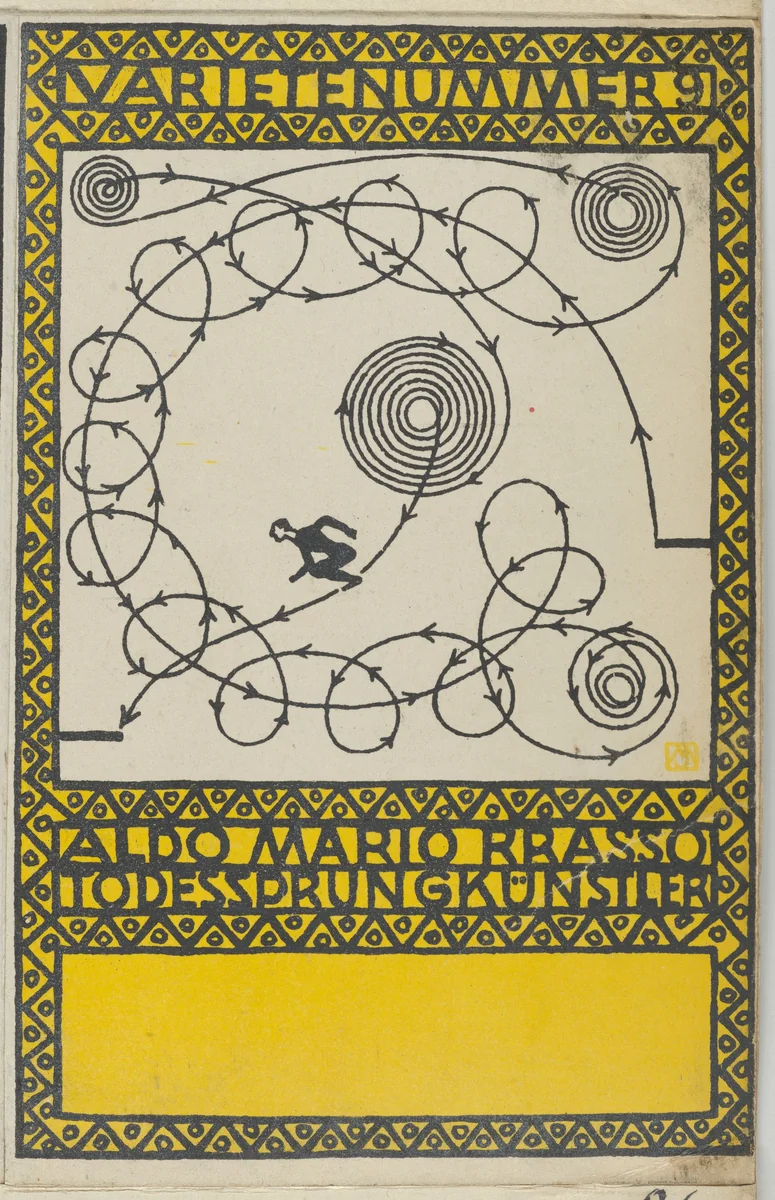 Variety Act 9: Also Mario Brasso, "Leap of Death" Artist (Varietenummer 9: Aldo Mario Brasso, Todessprungkünstler) by Moriz Jung, print, 1907