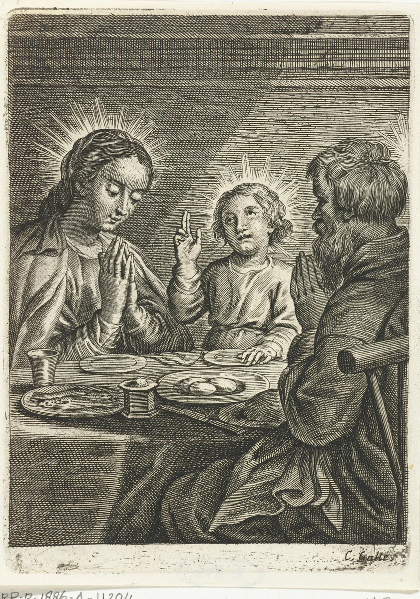 Heilige Familie biddend voor de maaltijd by Schelte Adamsz. Bolswert, print, 1596-1678