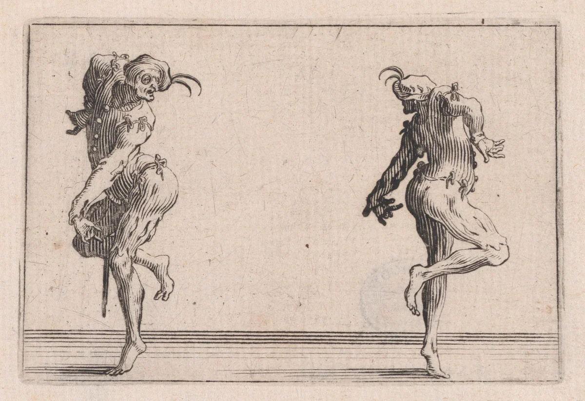 Les Deux Pantalons se Tournant le Dos (Two Men in Pantsuits Turned Away from Each Other), from "Les Caprices" Series B, The Nancy Set by Jacques Callot, print, 1617-1620