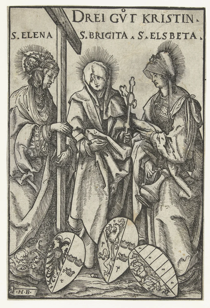 Heilige Helena, heilige Brigita van Zweden en heilige Elisabet van Hongarije als drie beste christelijke vrouwen by Unknown, print, 1516