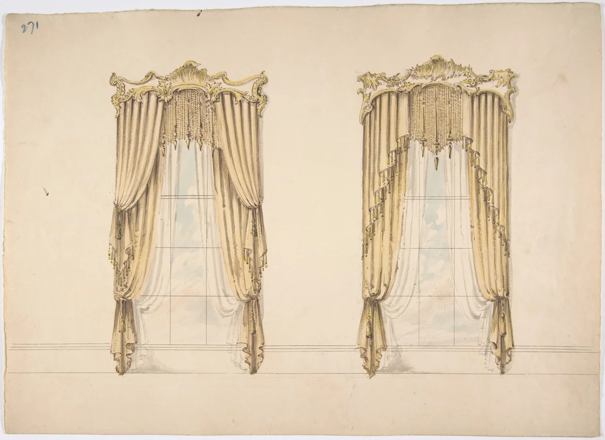 Design for Gold Curtains with Gold Fringes and a Gold and White Pediment by anonymous, drawing, 1800-1850